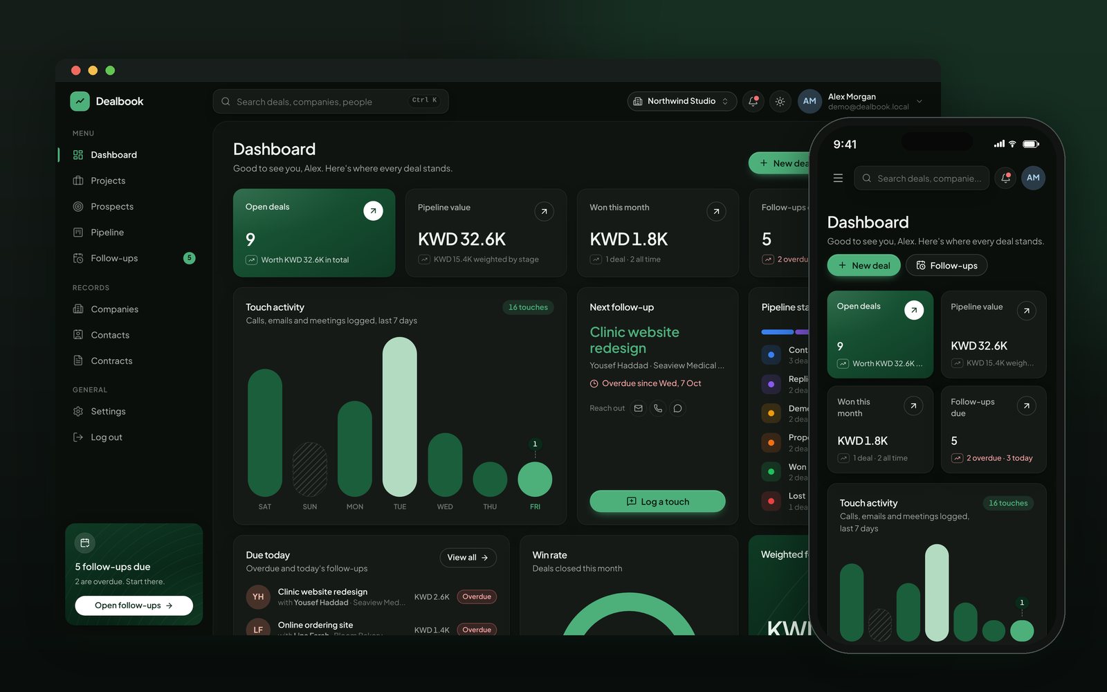 Dealbook in dark mode on desktop and on a phone