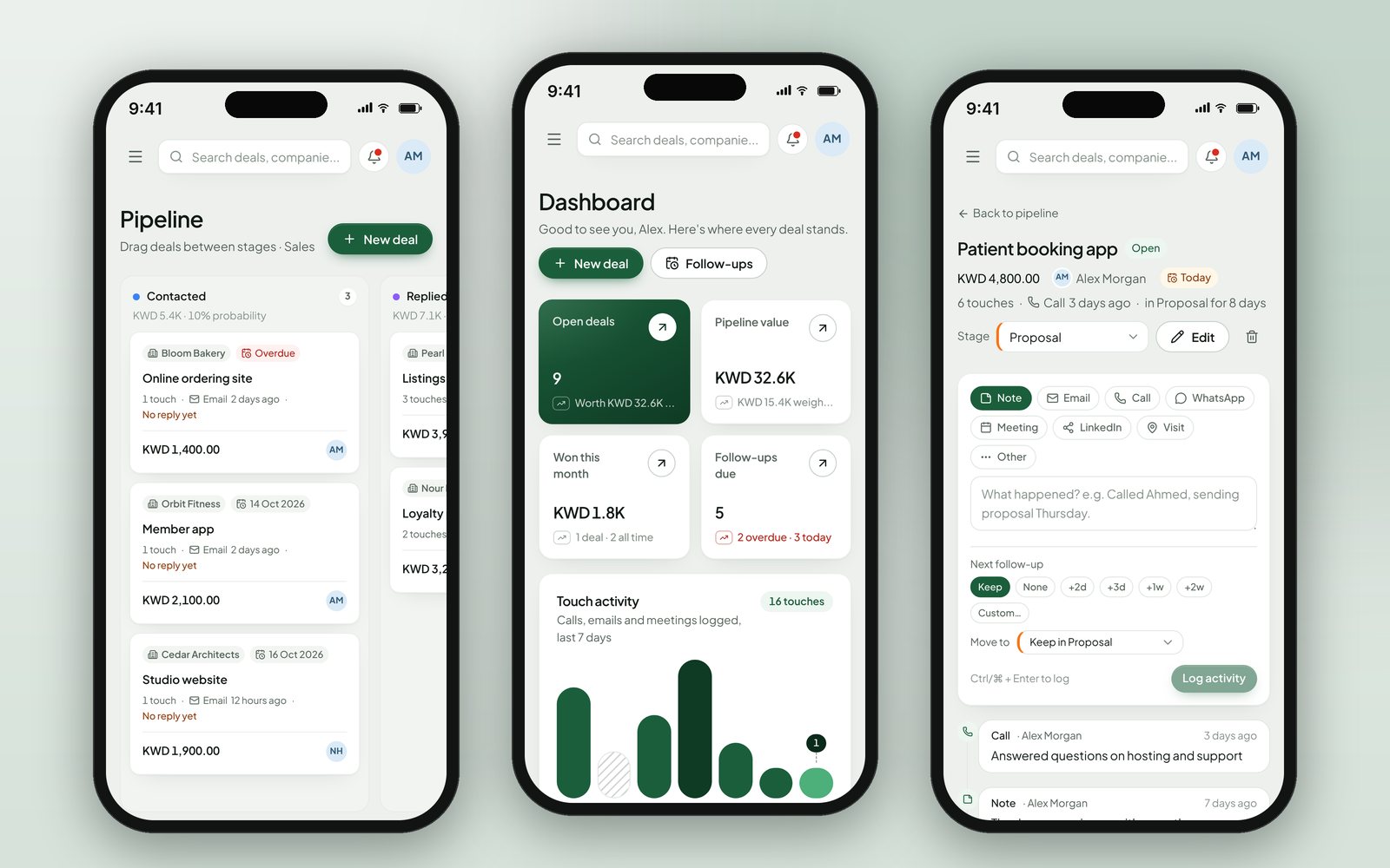 Dealbook pipeline, dashboard and deal screens on phones