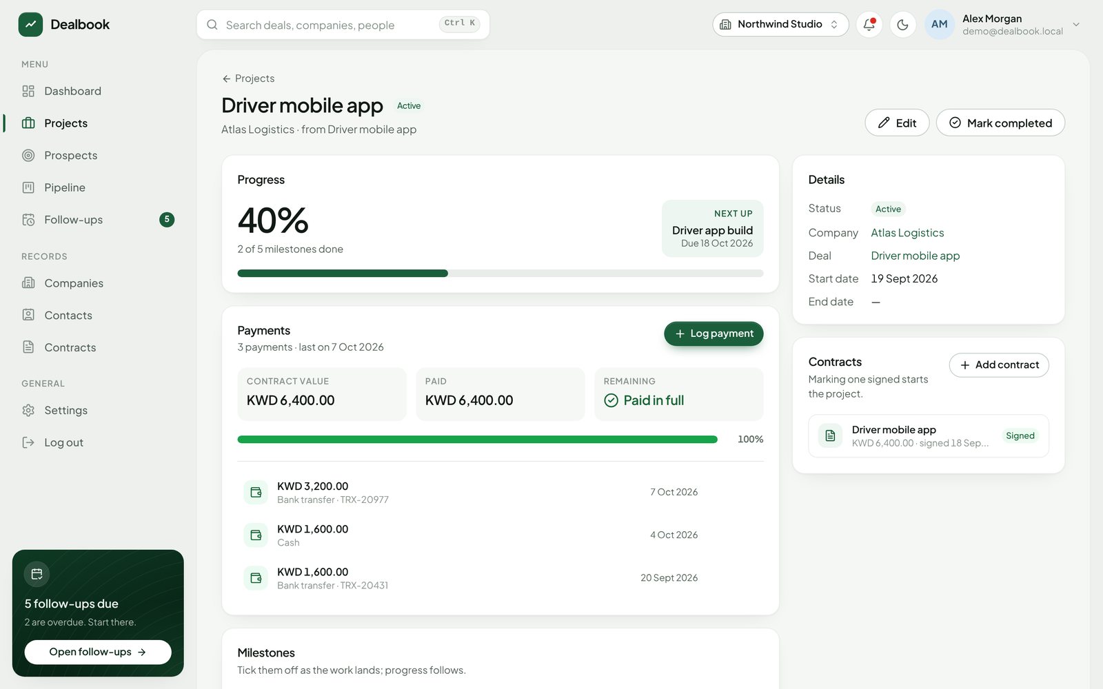 A project with progress, milestones, payments and a signed contract