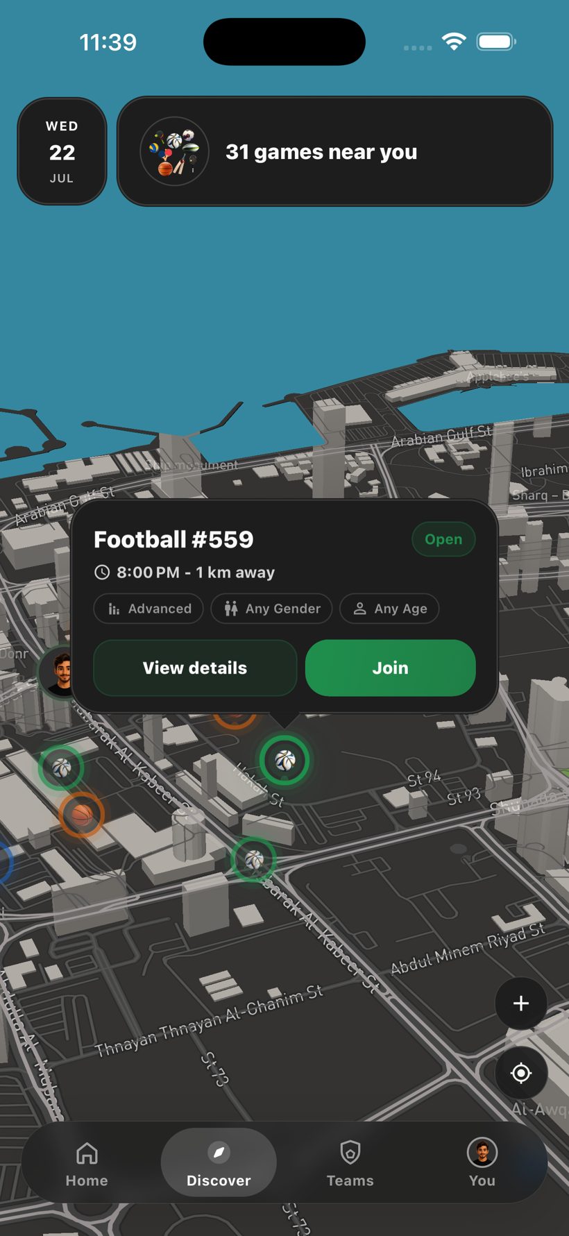 Fazea — game details on the map, join in a tap