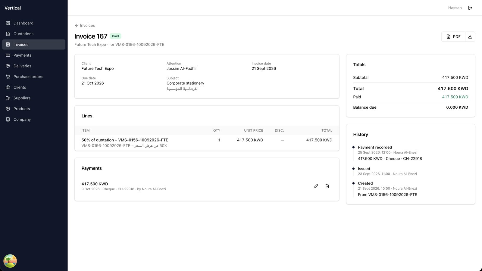 An invoice for 50% of a quotation, paid by cheque