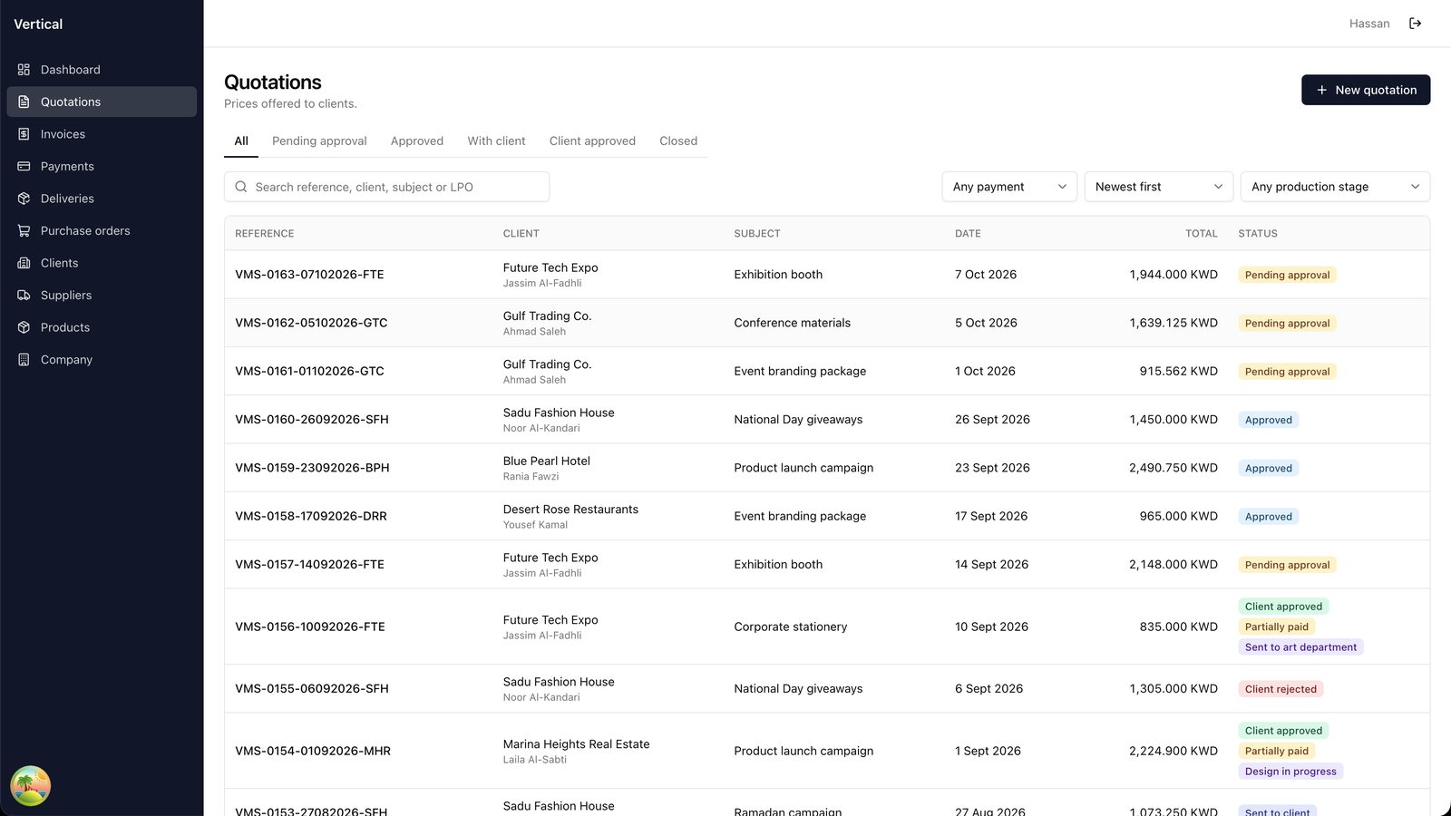 Quotations list with approval, payment and production status